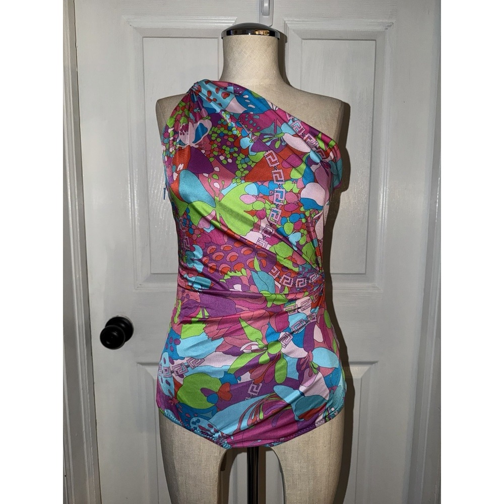 VERSACE X Dua Lipa Bodysuit Size 42 Logo Colorful Italy One Shoulder Glossy